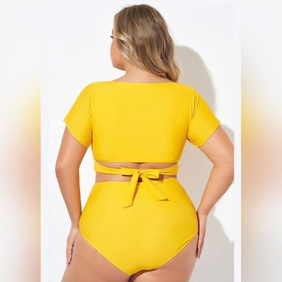 Yellow Ruched Sleeves Skirted Bikini Top - Picture 3 of 6